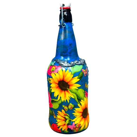 Hand Painted, Decoupaged and Molded Clay Grolsch-Style Bottle Poppy & Sunflowers - Picture 6 of 16